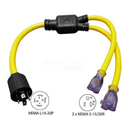 CONNTEK Conntek YL1420520S, 3-Feet 20 to 20-Amp Generator Y Adapter with NEMA L14-20P to 5-15/20R*2, Yellow YL1420520S